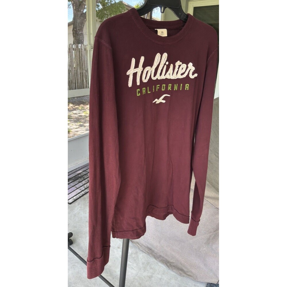 Hollister SZ XL Men's Burgundy Logo Long Sleeve T-shirt Crew Neck 2000s Vintage - Picture 6 of 10